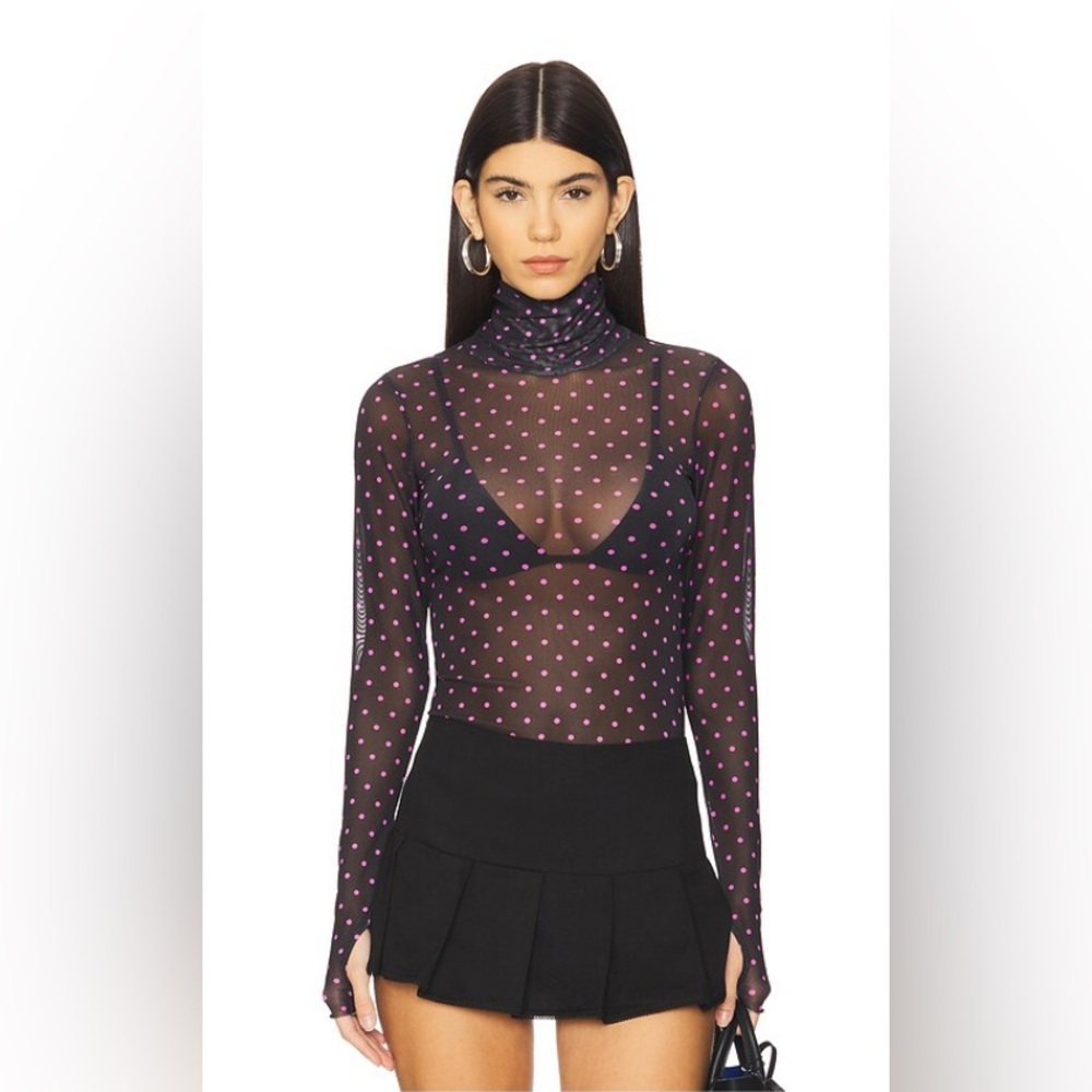 NEW AFRM Zadie Pink Black Sheer Polka Dot Long-Sleeve Turtleneck